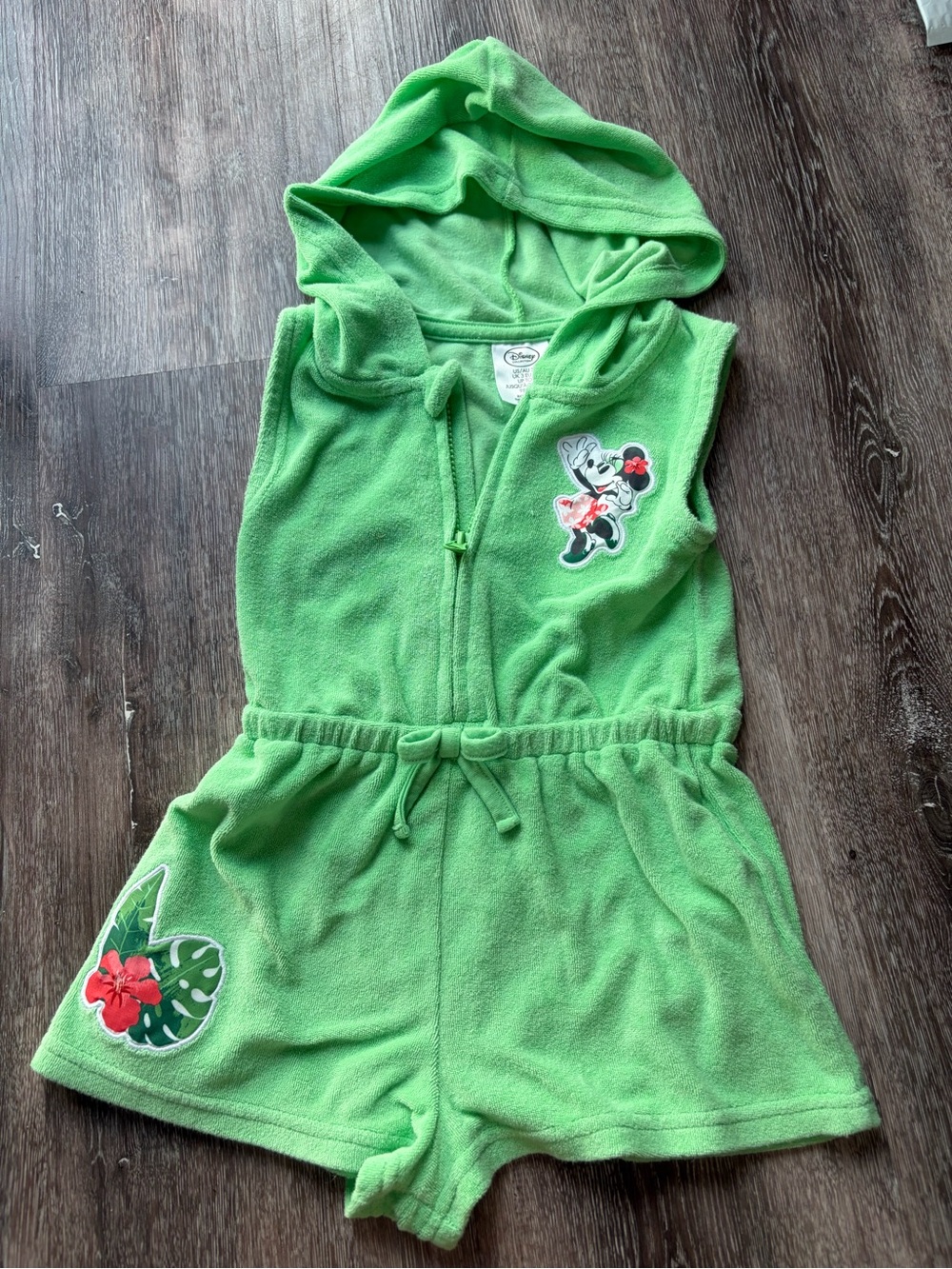 Disney Girls Green Hooded Terry Swim Coverup Romper with Minnie Patch